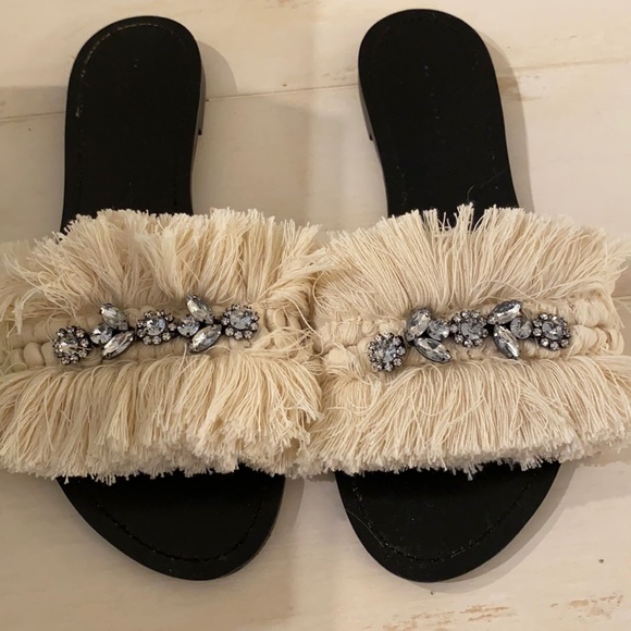Zara Embellished Fringe Slides Sandals